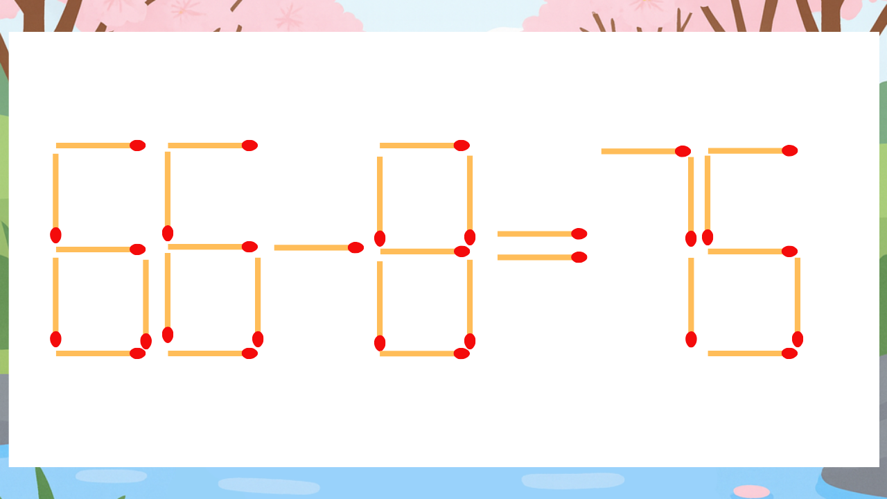 【マッチ棒クイズ】1本だけ動かして正しい式に：66-8=75？