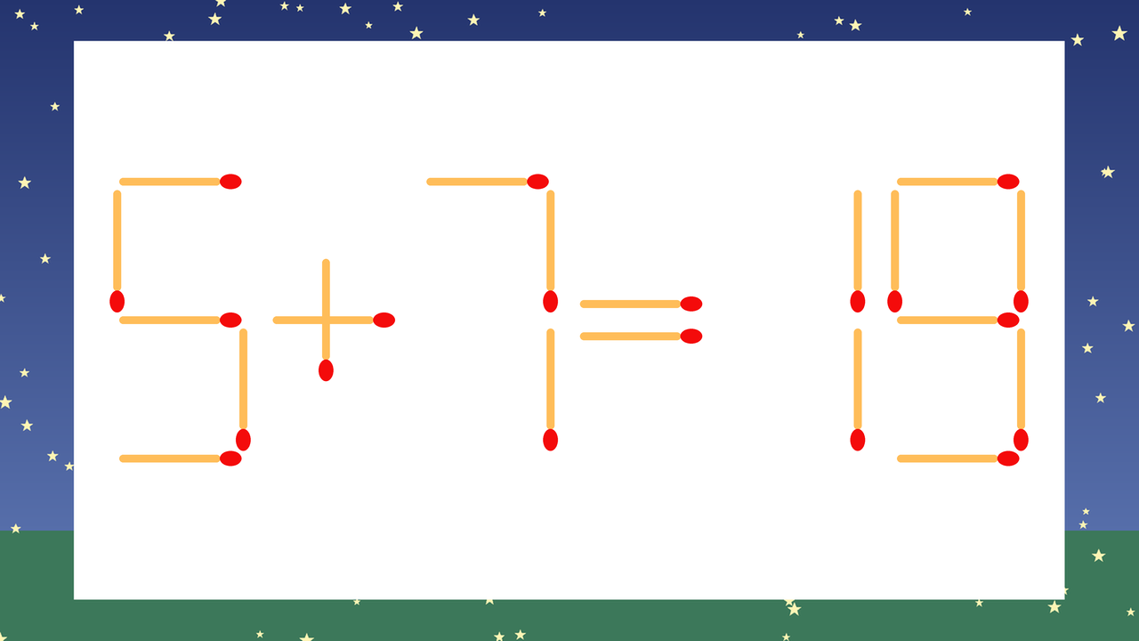 【マッチ棒クイズ】1本だけ動かして正しい式に：5+7=19？