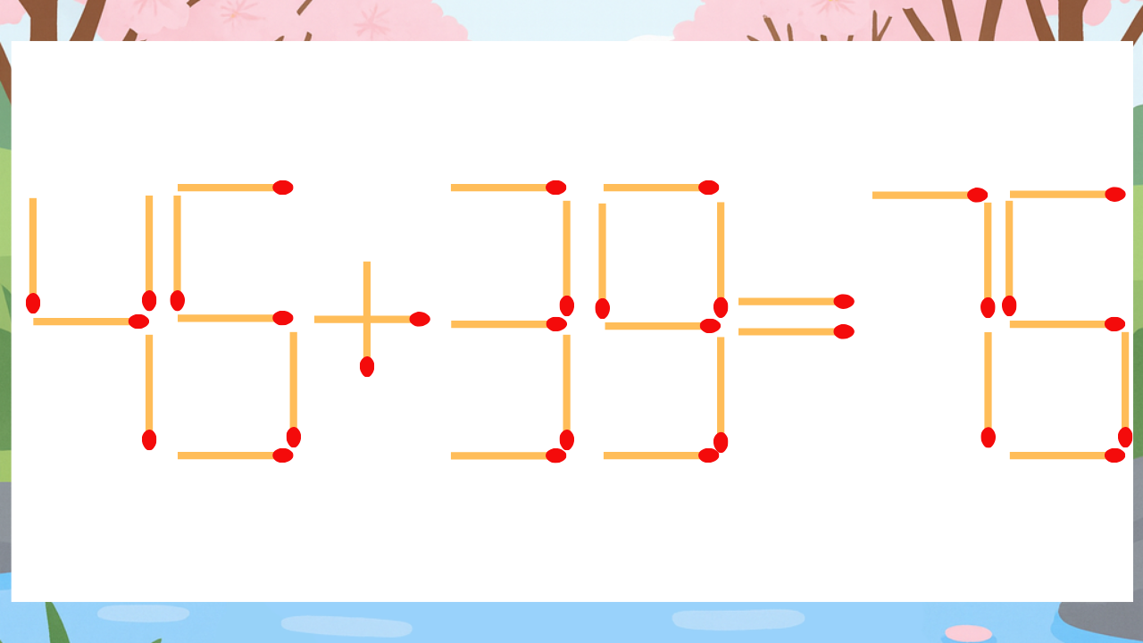 【マッチ棒クイズ】1本だけ動かして正しい式に：45+39=75？