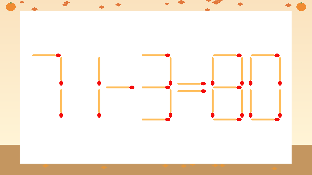 【マッチ棒クイズ】1本だけ動かして正しい式に：71-3=80？