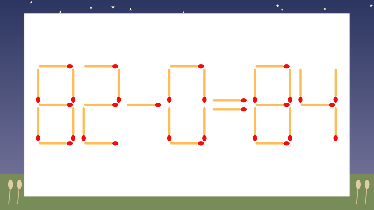 【マッチ棒クイズ】1本だけ動かして正しい式に：82-0=84？