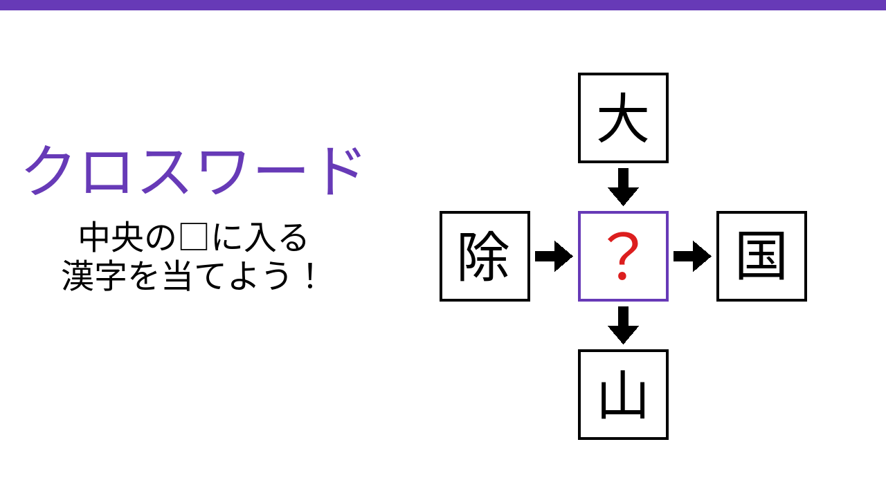 【二字熟語クロスワード】大・除・国・山に共通する一文字は?