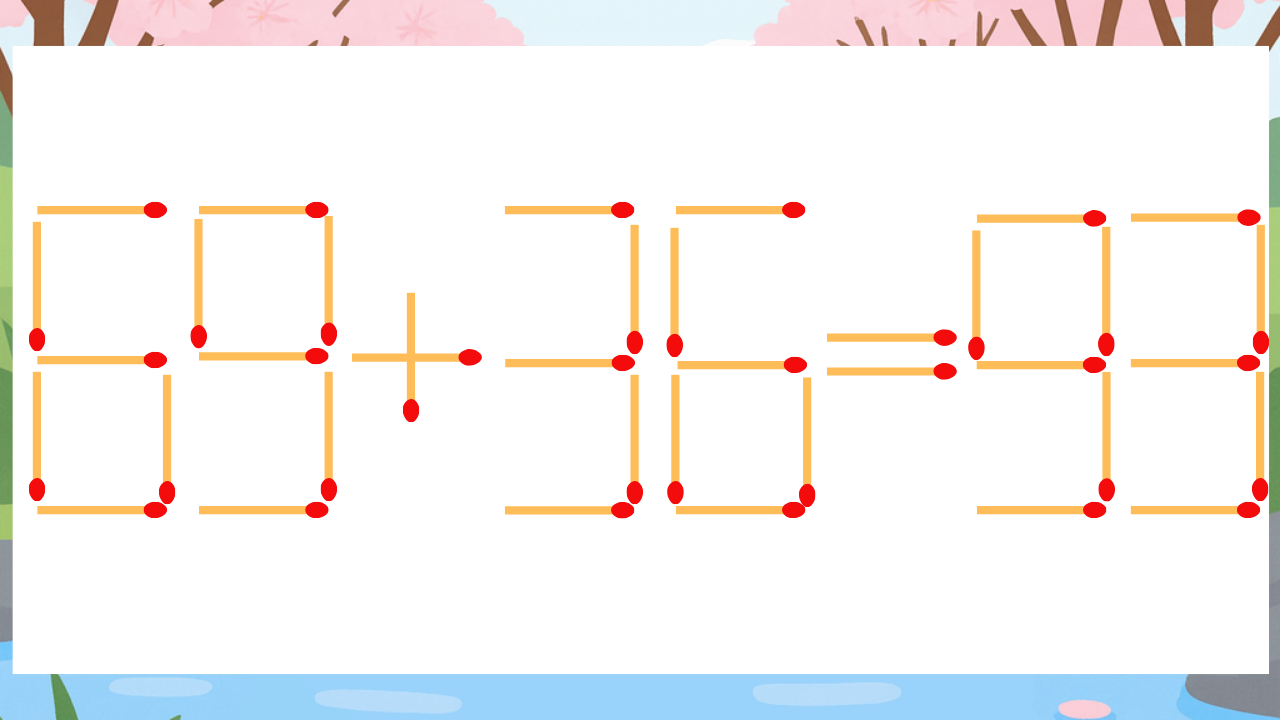 【マッチ棒クイズ】1本だけ動かして正しい式に：69+36=93？