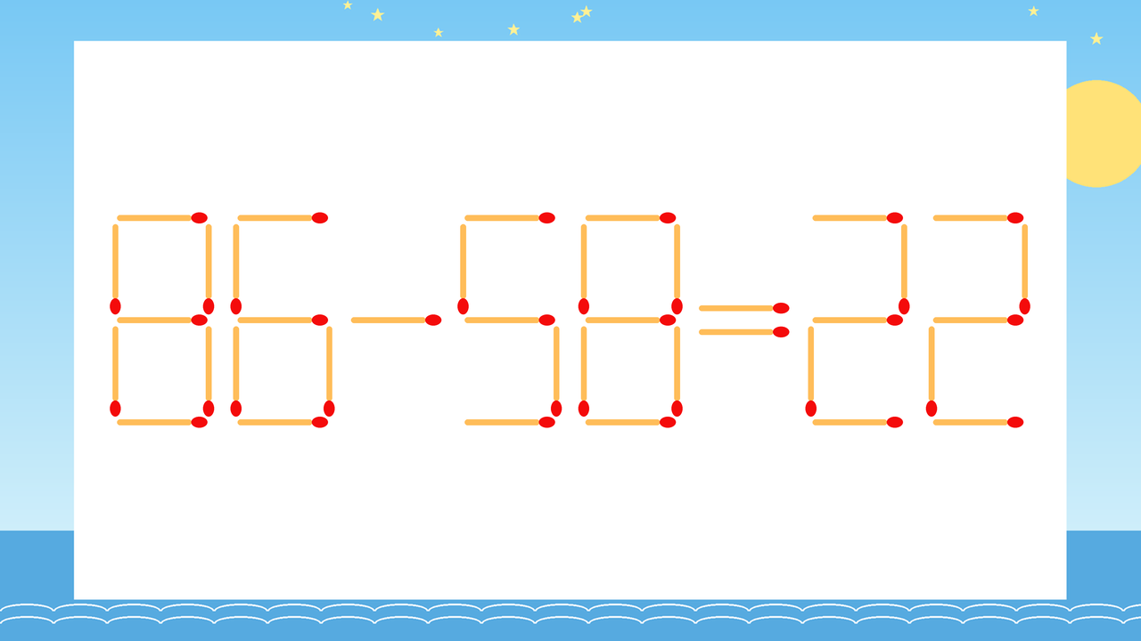 【マッチ棒クイズ】1本だけ動かして正しい式に：86-58=22？の問題イメージ