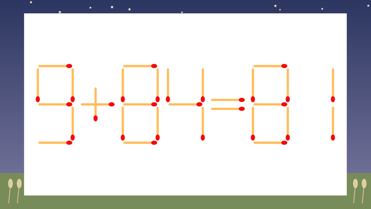 【マッチ棒クイズ】1本だけ動かして正しい式に：9+84=81？の問題イメージ