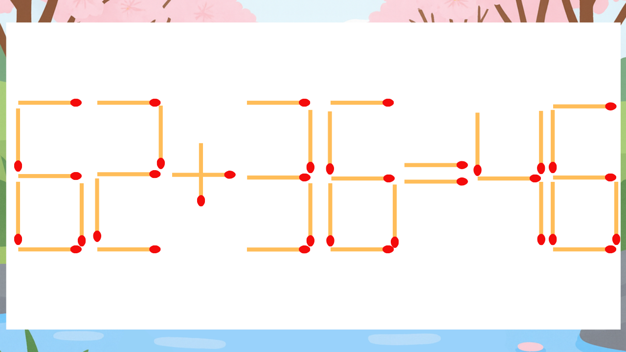 【マッチ棒クイズ】1本だけ動かして正しい式に：62+36=46？