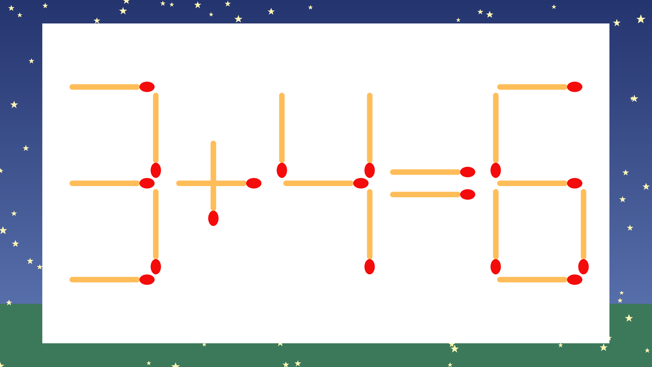 【マッチ棒クイズ】1本だけ動かして正しい式に：3+4=6？の問題イメージ