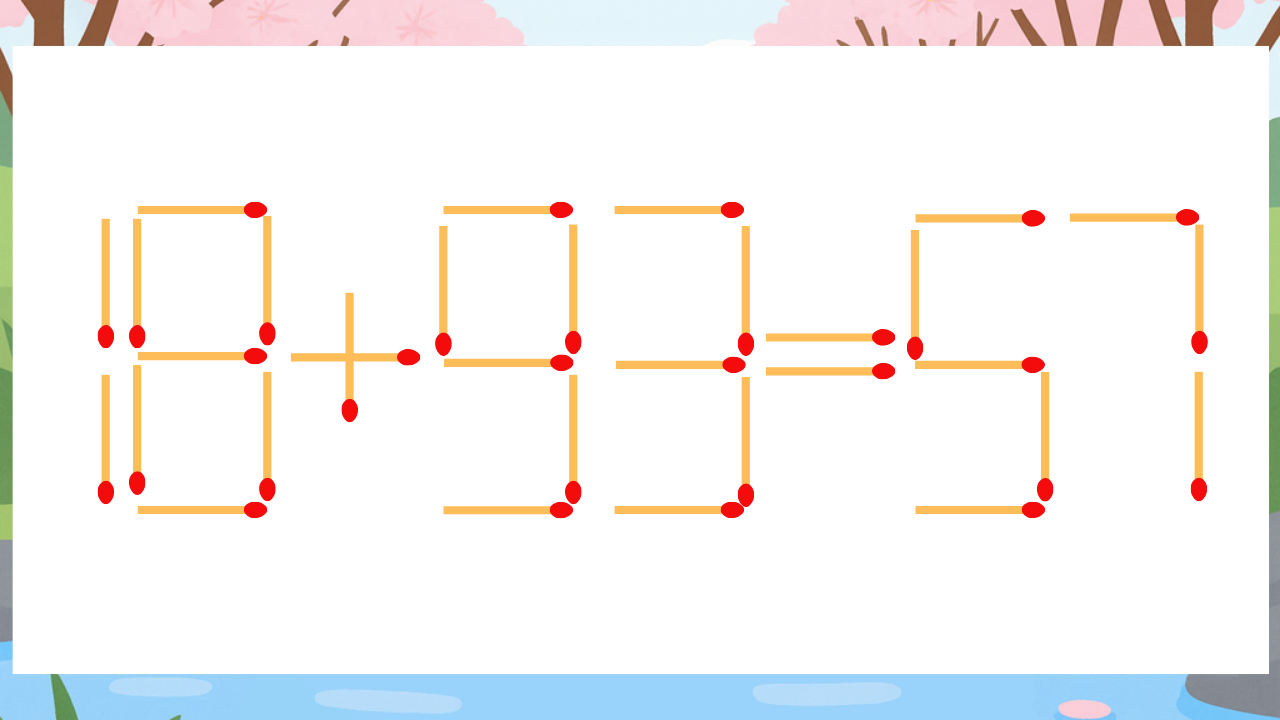 【マッチ棒クイズ】1本だけ動かして正しい式に：18+93=57？