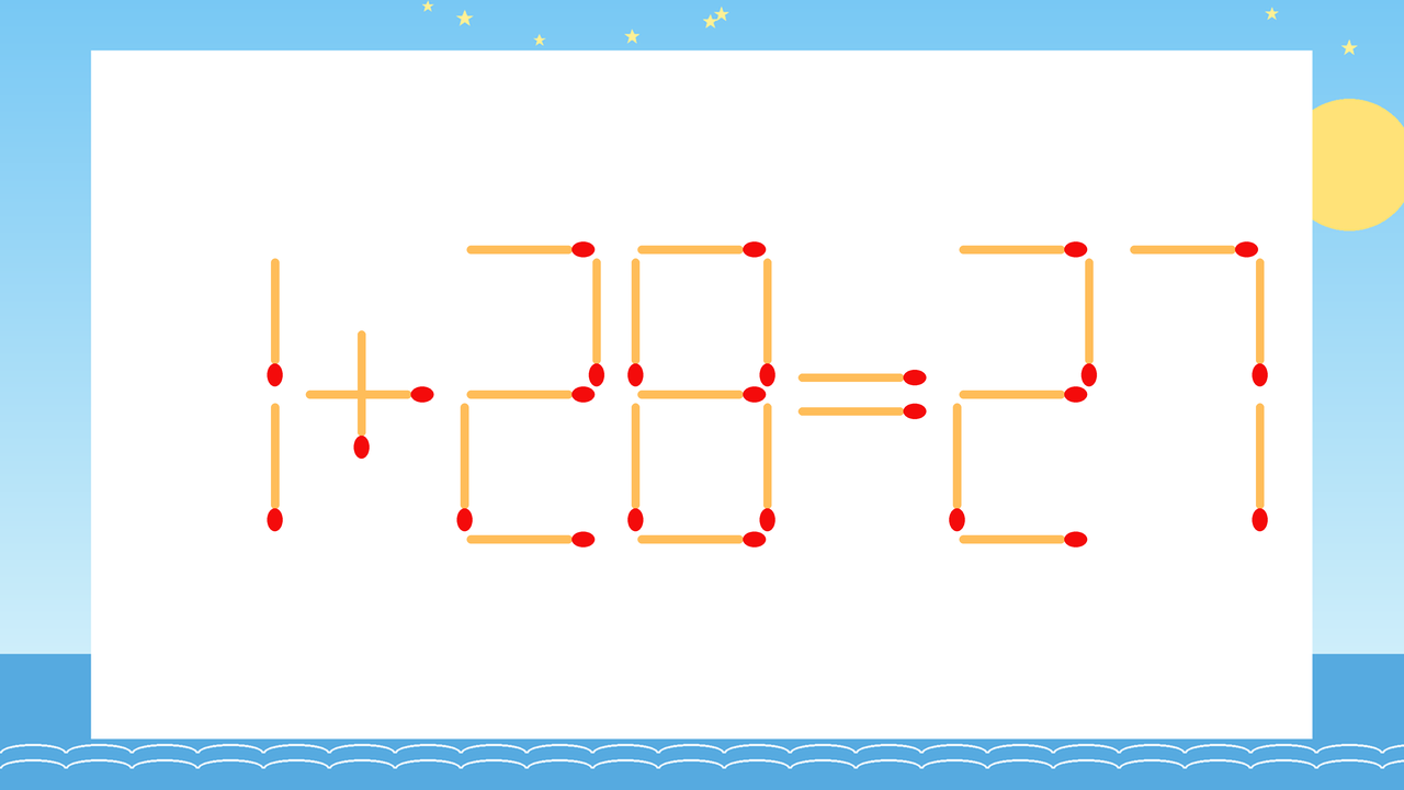 【マッチ棒クイズ】1本だけ動かして正しい式に：1+28=27？の問題イメージ