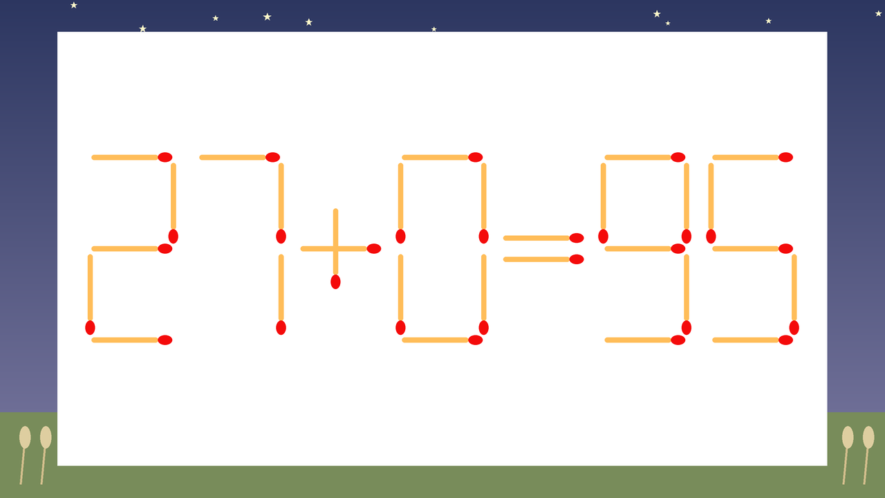 【マッチ棒クイズ】1本だけ動かして正しい式に：27+0=95？