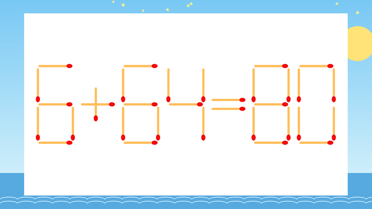 【マッチ棒クイズ】1本だけ動かして正しい式に：6+64=80？の問題イメージ