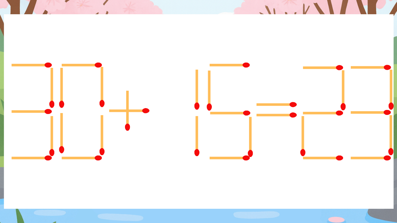 【マッチ棒クイズ】1本だけ動かして正しい式に：30+15=23？
