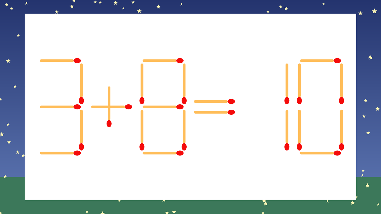 【マッチ棒クイズ】1本だけ動かして正しい式に：3+8=10？の問題イメージ