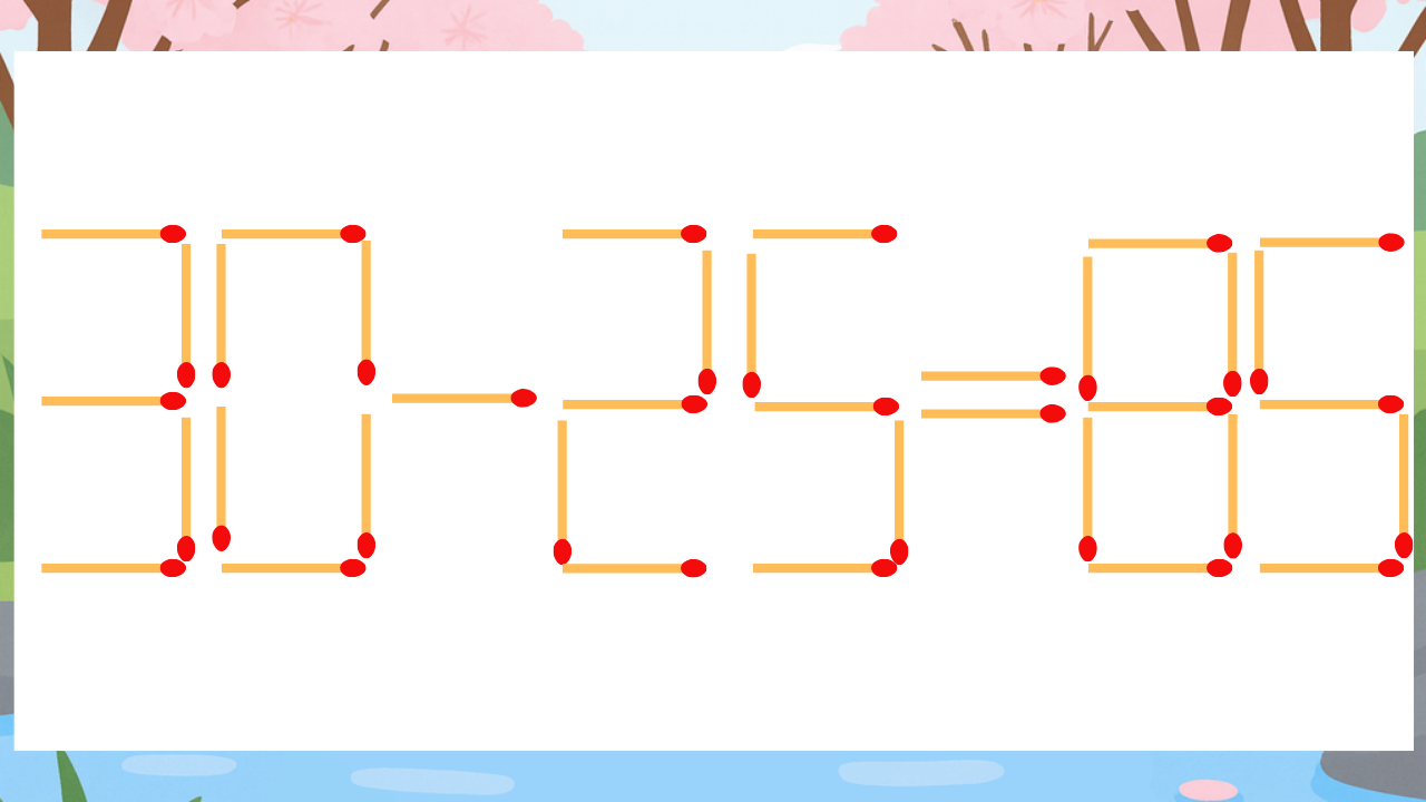 【マッチ棒クイズ】1本だけ動かして正しい式に：30-25=85？の問題イメージ