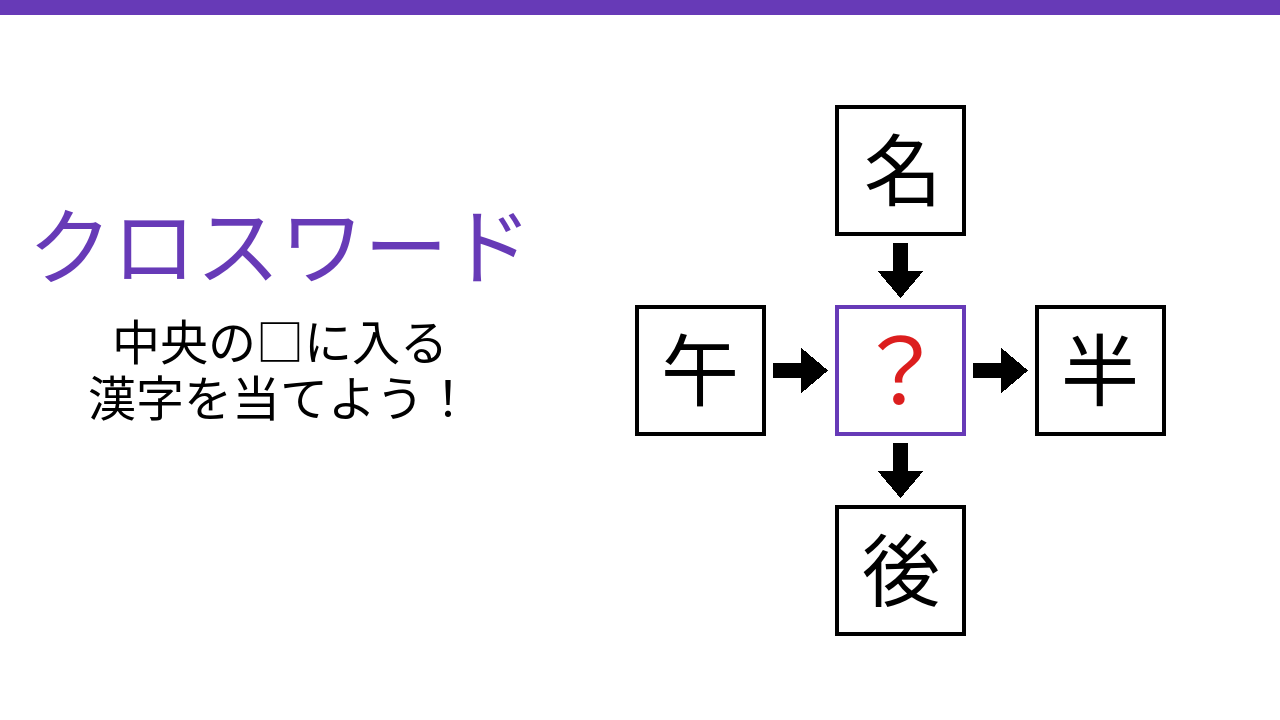 【二字熟語クロスワード】名・午・半・後に共通する一文字は？