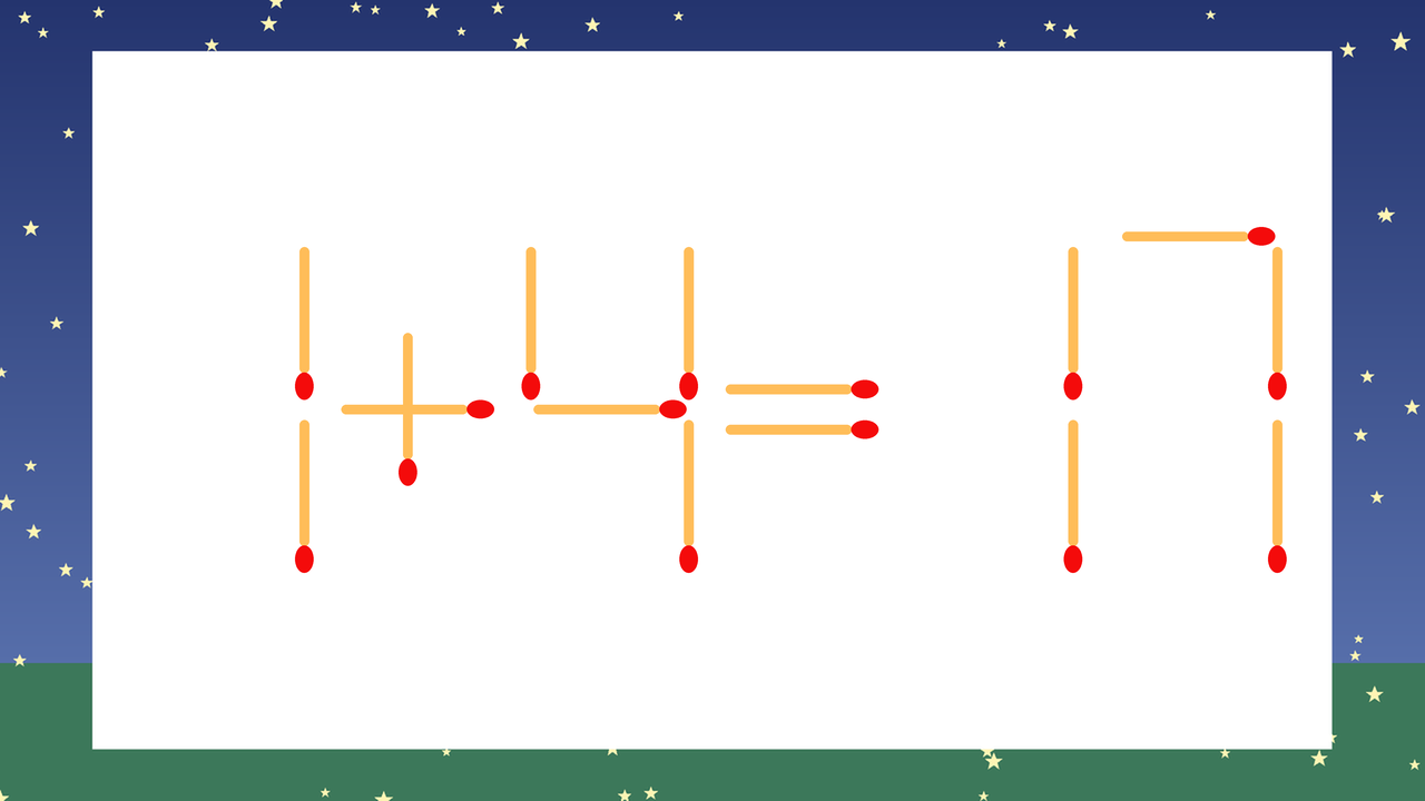 【マッチ棒クイズ】1本だけ動かして正しい式に：1+4=17？の問題イメージ