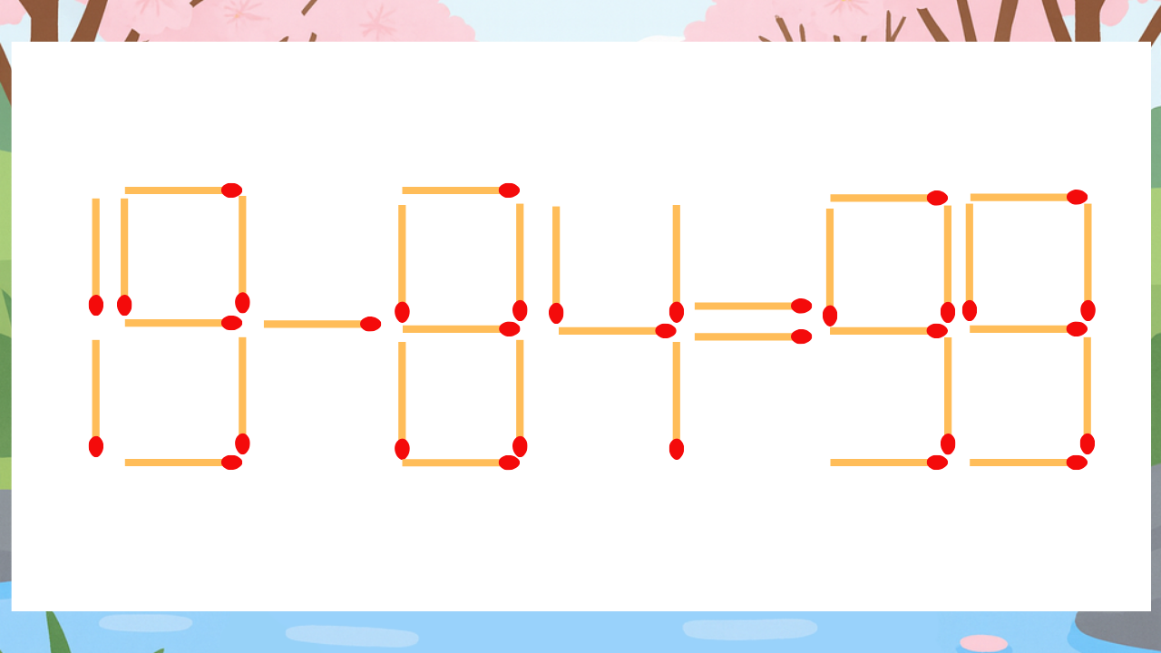 【マッチ棒クイズ】1本だけ動かして正しい式に：19-84=99？の問題イメージ