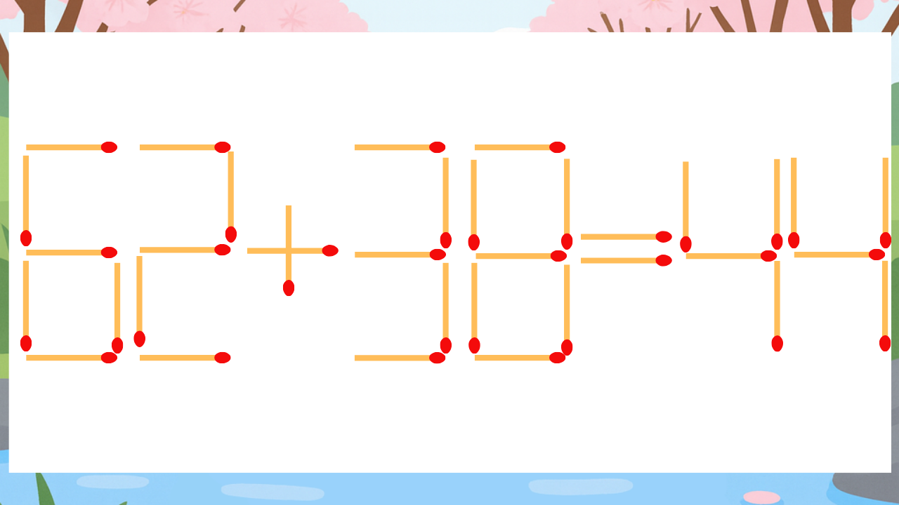 【マッチ棒クイズ】1本だけ動かして正しい式に：62+38=44？