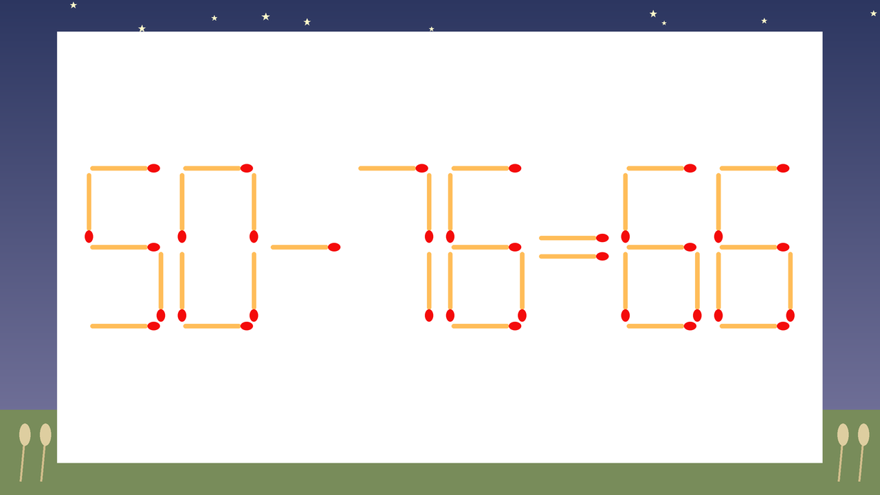 【マッチ棒クイズ】1本だけ動かして正しい式に：50-76=66？