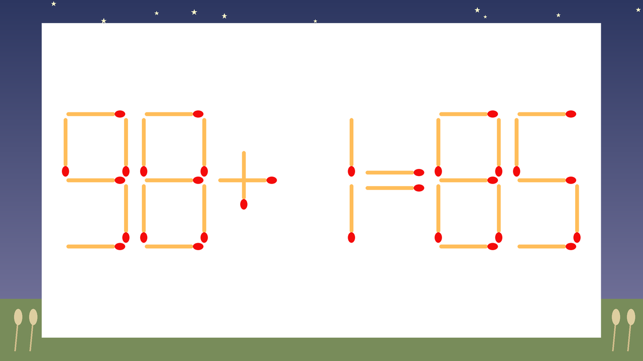 【マッチ棒クイズ】1本だけ動かして正しい式に：98+1=85？