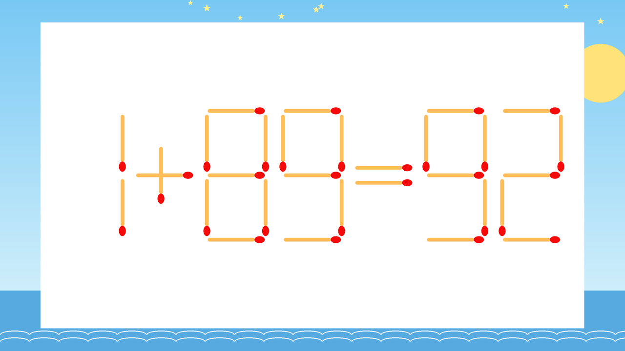 【マッチ棒クイズ】1本だけ動かして正しい式に：1+89=92？