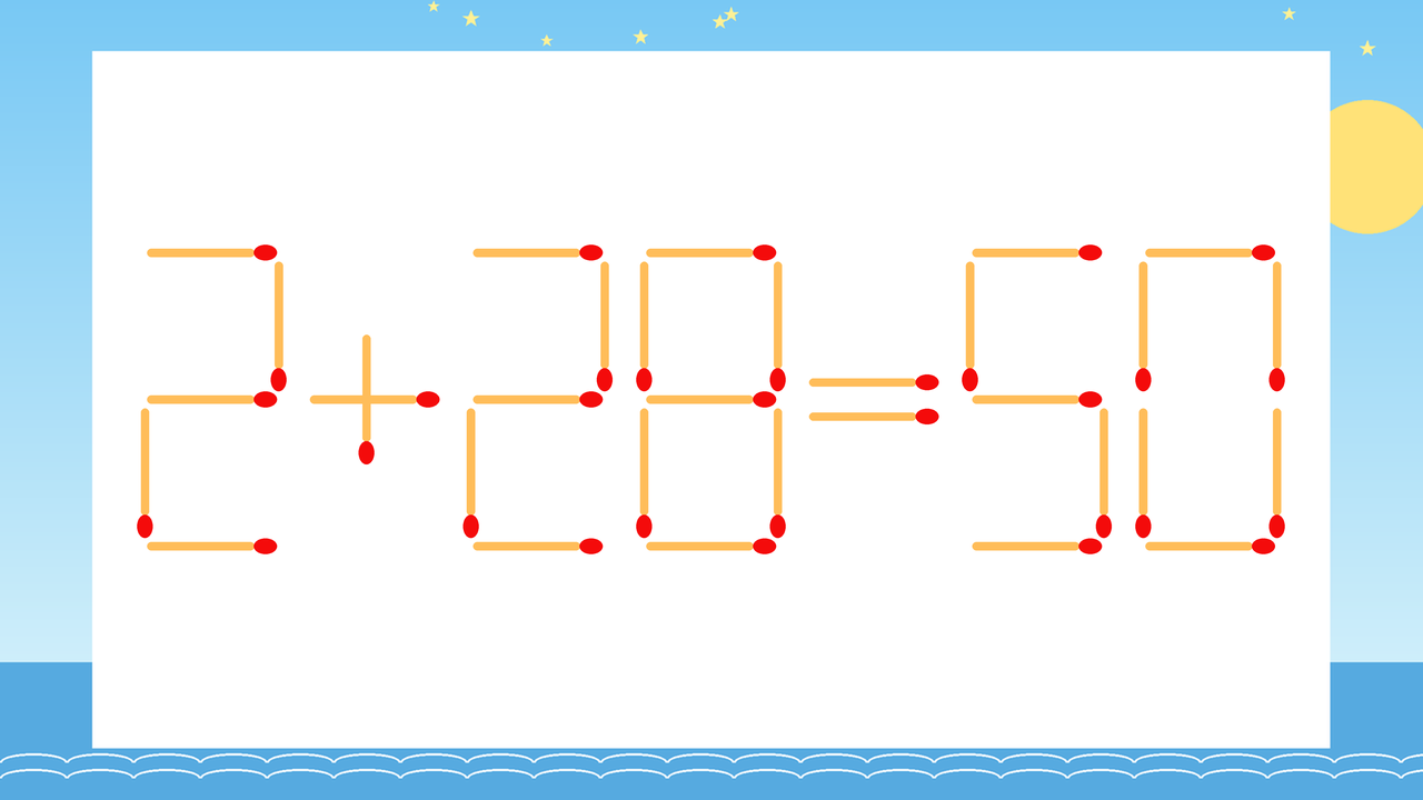 【マッチ棒クイズ】1本だけ動かして正しい式に：2+28=50？