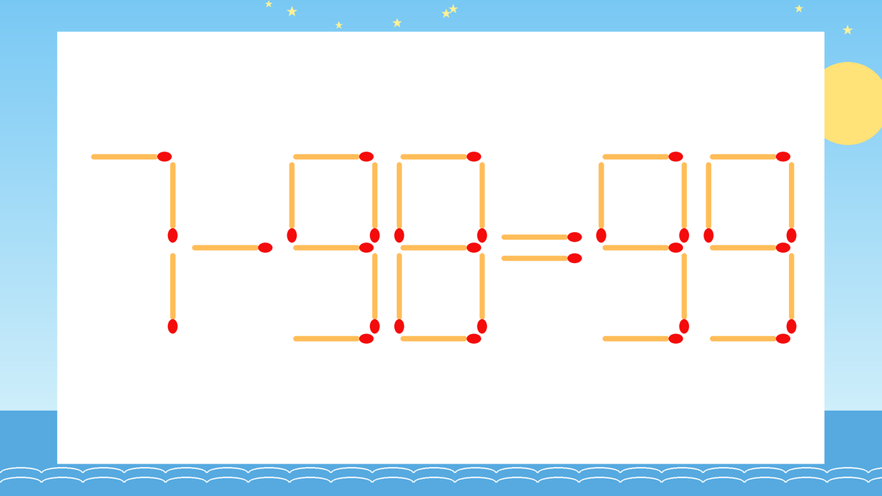 【マッチ棒クイズ】1本だけ動かして正しい式に：7-98=99？
