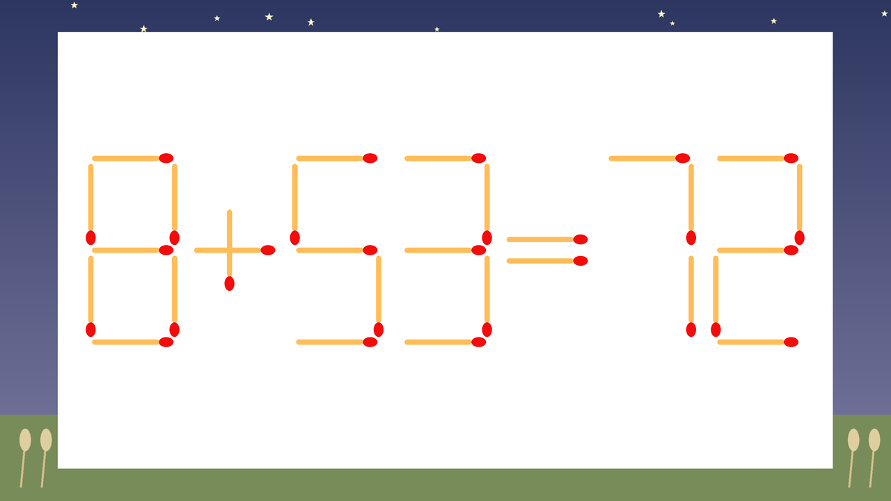 【マッチ棒クイズ】1本だけ動かして正しい式に：8+53=72？の問題イメージ