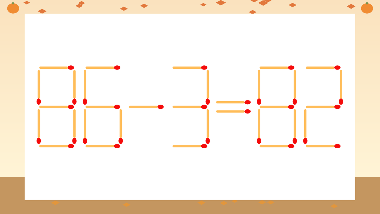 【マッチ棒クイズ】1本だけ動かして正しい式に：86-3=82？の問題イメージ