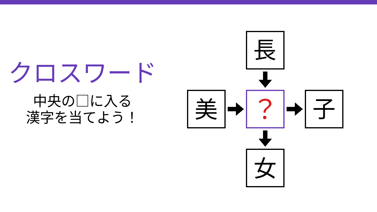【二字熟語クロスワード】長・美・子・女に共通する一文字は?