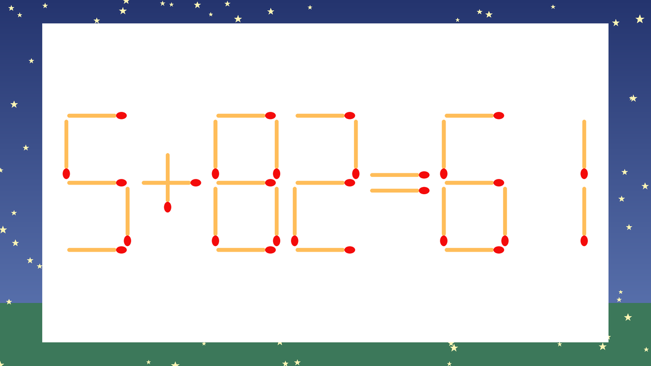 【マッチ棒クイズ】1本だけ動かして正しい式に：5+82=61？の問題イメージ