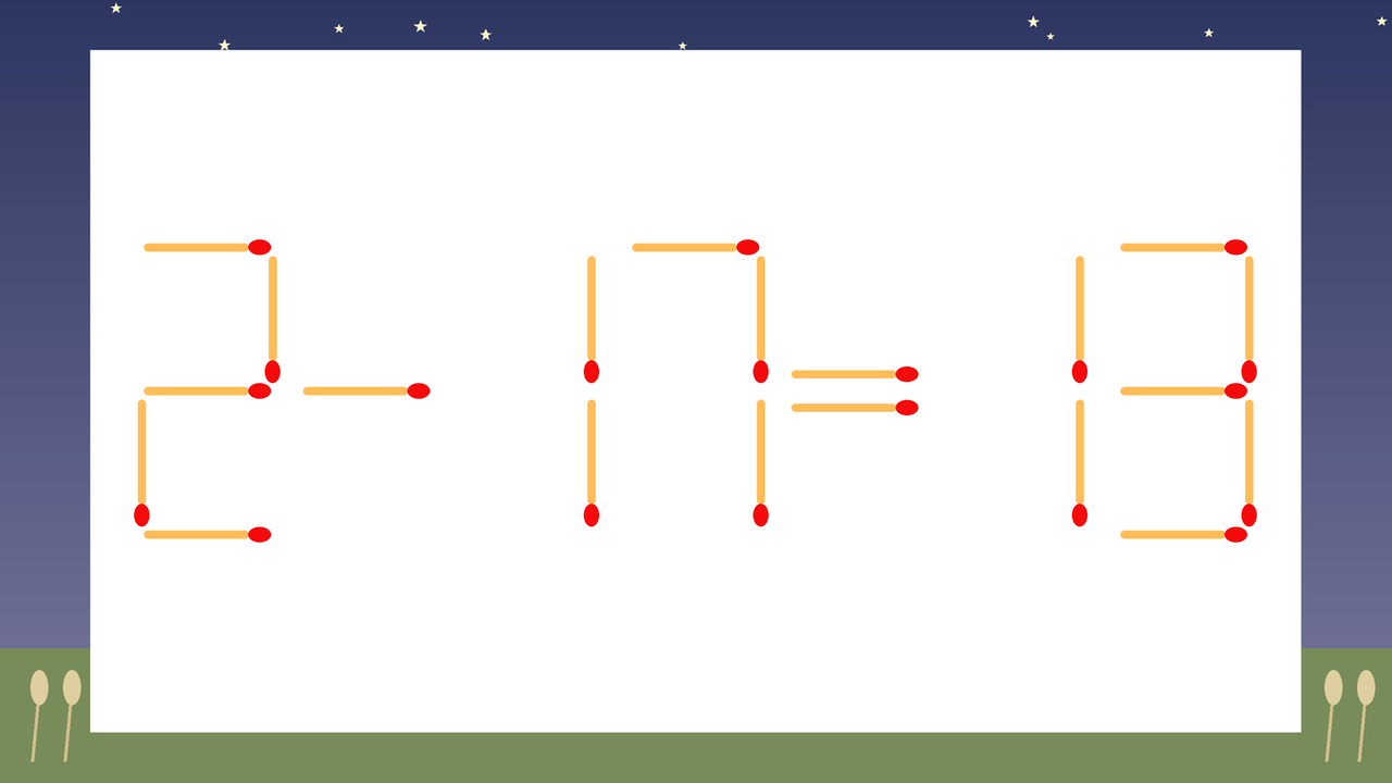 【マッチ棒クイズ】1本だけ動かして正しい式に：2-17=13？