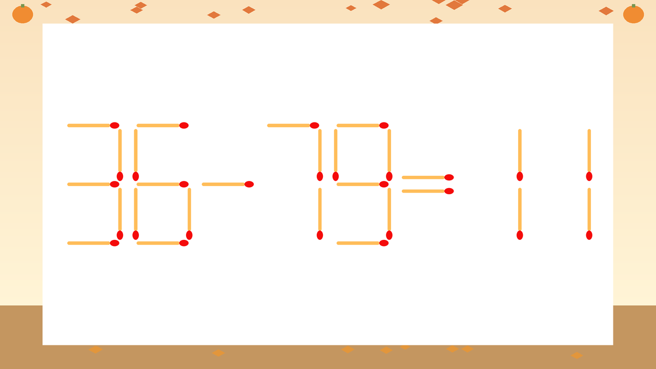 【マッチ棒クイズ】1本だけ動かして正しい式に：36-79=11？