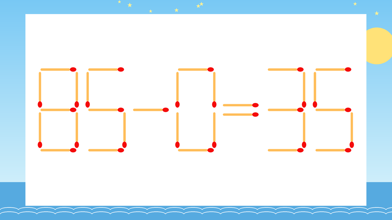 【マッチ棒クイズ】1本だけ動かして正しい式に：85-0=35？の問題イメージ