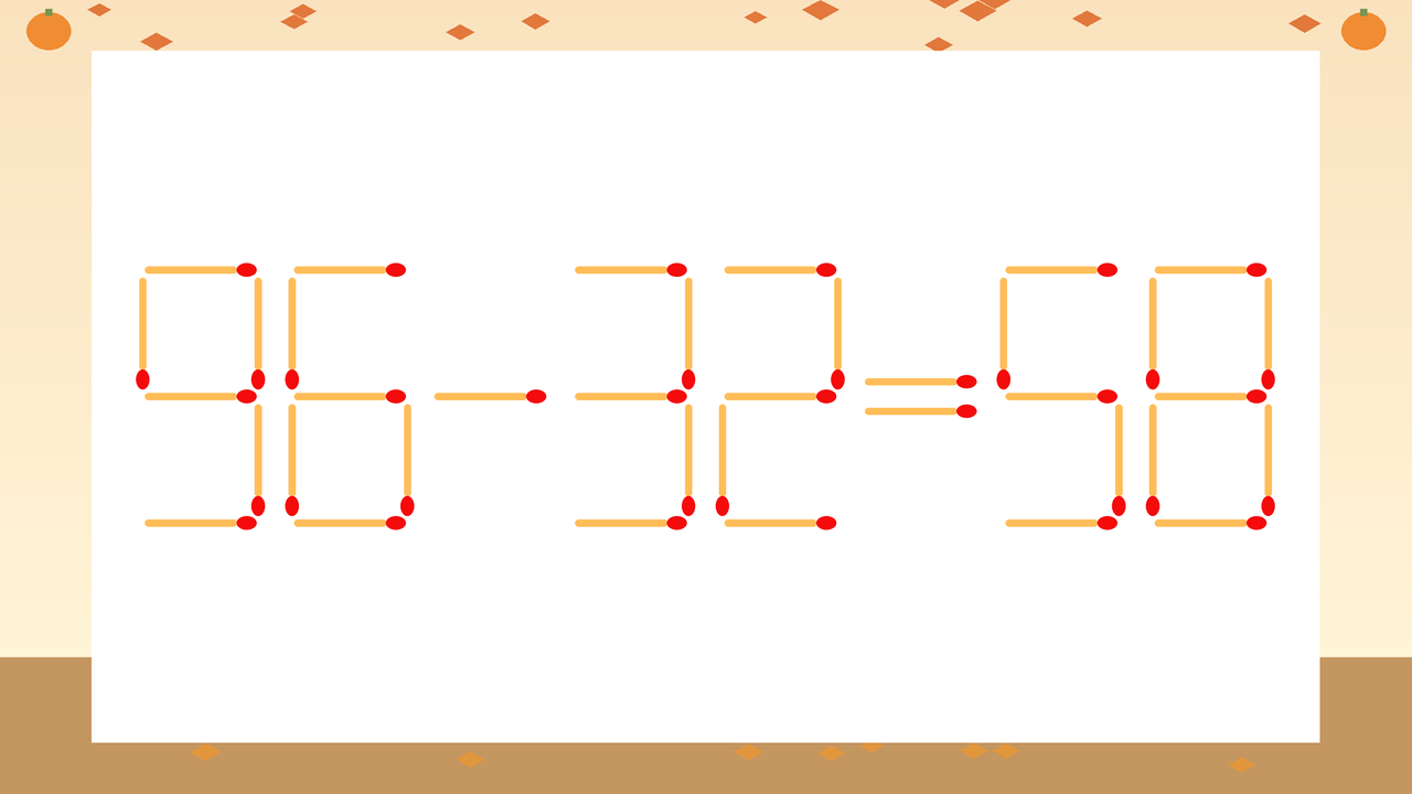 【マッチ棒クイズ】1本だけ動かして正しい式に：96-32=58？