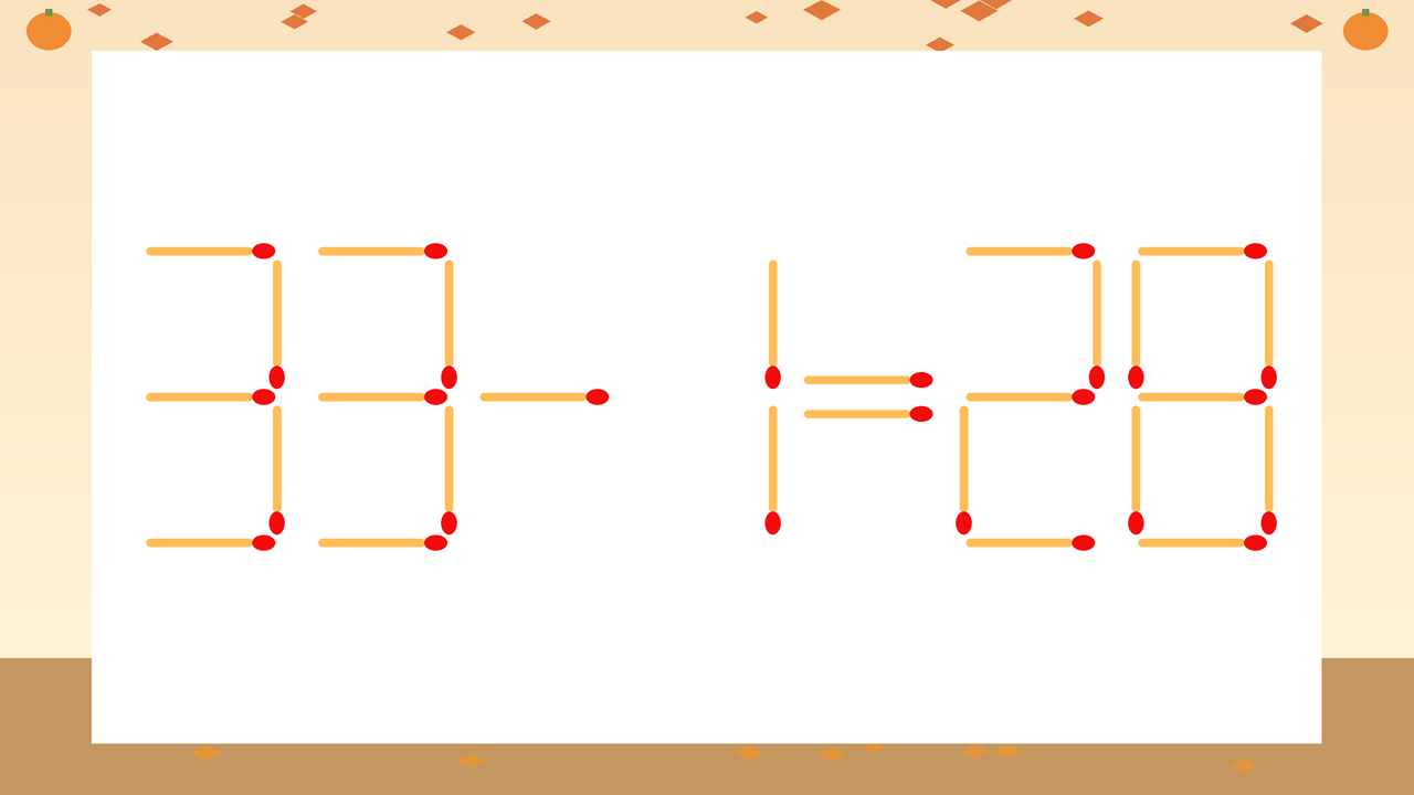 【マッチ棒クイズ】1本だけ動かして正しい式に：33-1=28？