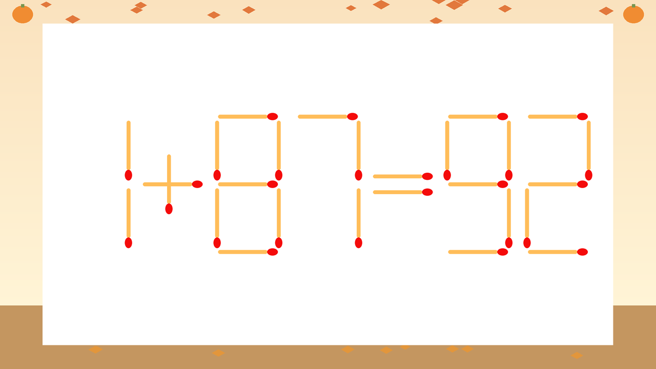 【マッチ棒クイズ】1本だけ動かして正しい式に：1+87=92？の問題イメージ