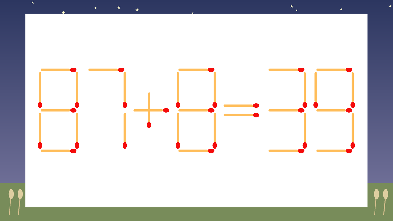 【マッチ棒クイズ】1本だけ動かして正しい式に:87+8=39?