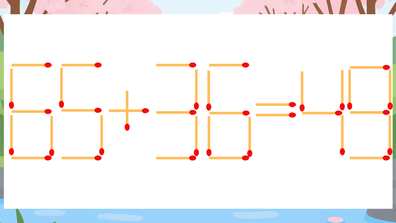 【マッチ棒クイズ】1本だけ動かして正しい式に：65+36=49？