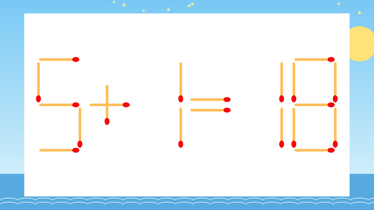 【マッチ棒クイズ】1本だけ動かして正しい式に：5+1=18？の問題イメージ
