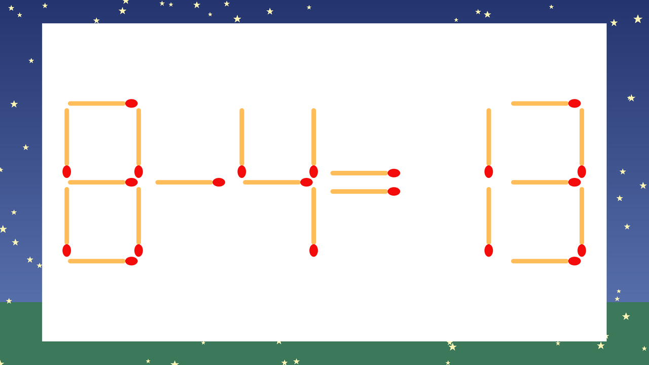 【マッチ棒クイズ】1本だけ動かして正しい式に：8-4=13？の問題イメージ