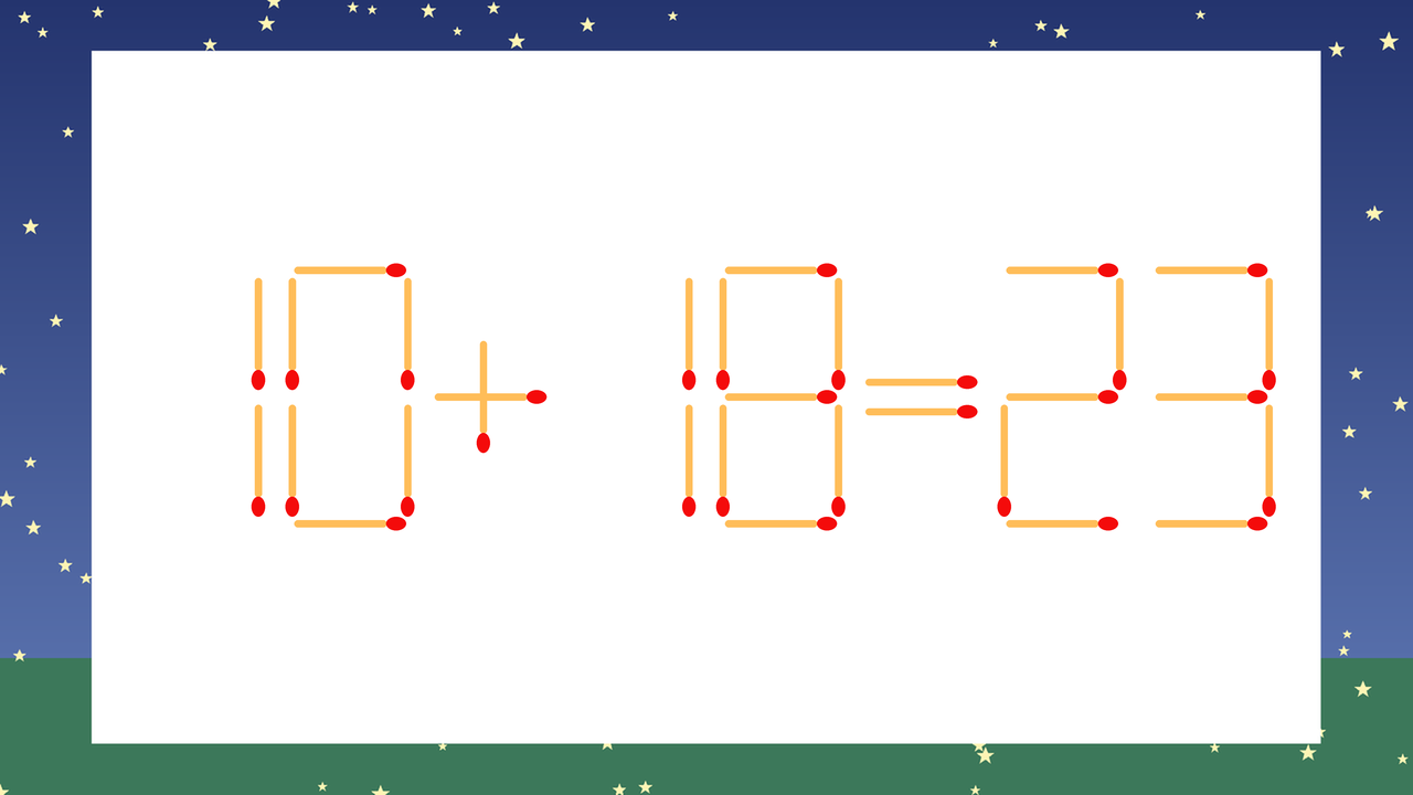 【マッチ棒クイズ】1本だけ動かして正しい式に：10+18=23？
