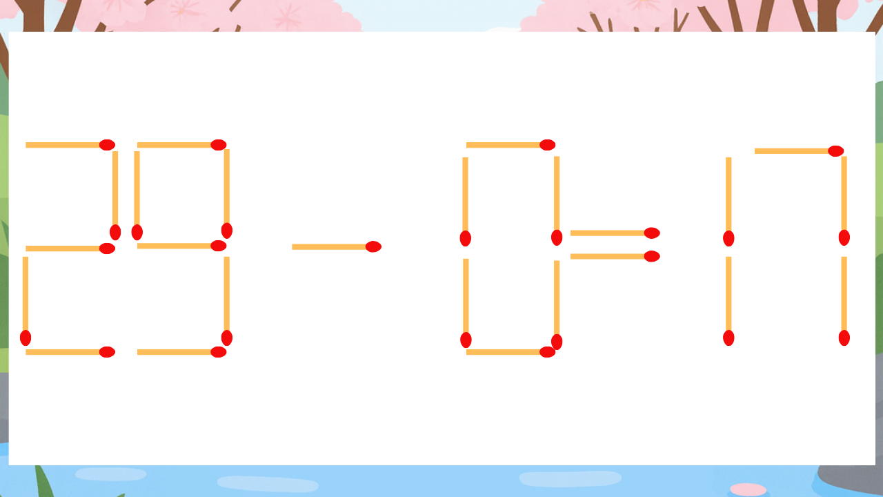 【マッチ棒クイズ】1本だけ動かして正しい式に：29-0=17？