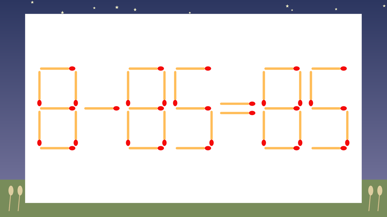 【マッチ棒クイズ】1本だけ動かして正しい式に：8-85=85？の問題イメージ