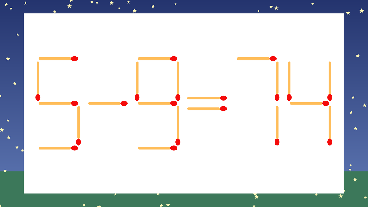 【マッチ棒クイズ】1本だけ動かして正しい式に：5-9=74？の問題イメージ