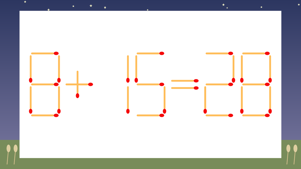 【マッチ棒クイズ】1本だけ動かして正しい式に：8+15=28？の問題イメージ