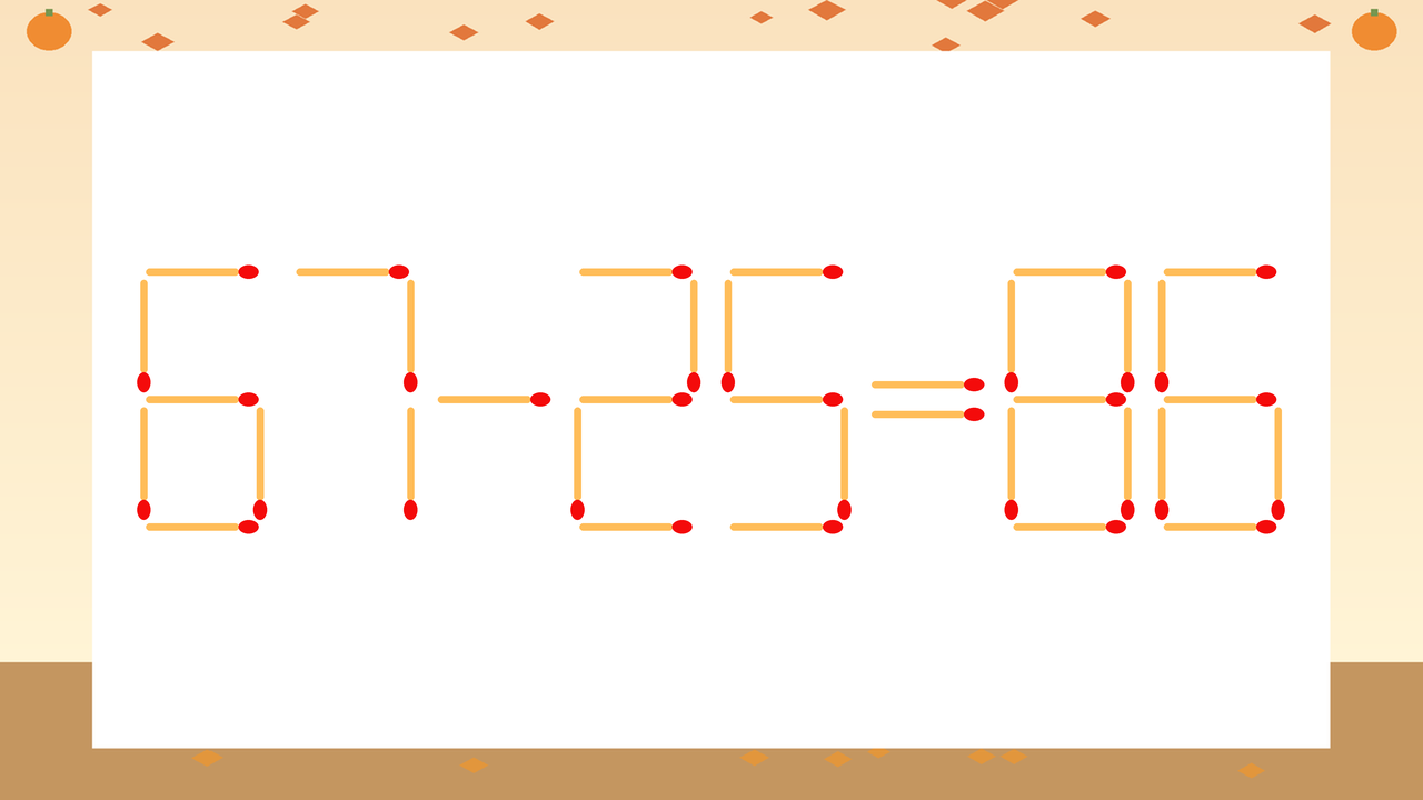 【マッチ棒クイズ】1本だけ動かして正しい式に：67-25=86？