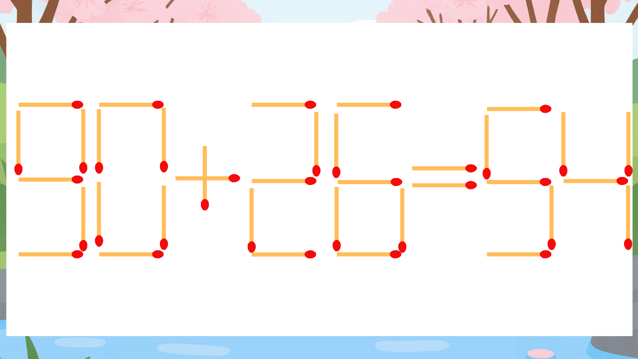 【マッチ棒クイズ】1本だけ動かして正しい式に：90+26=54？