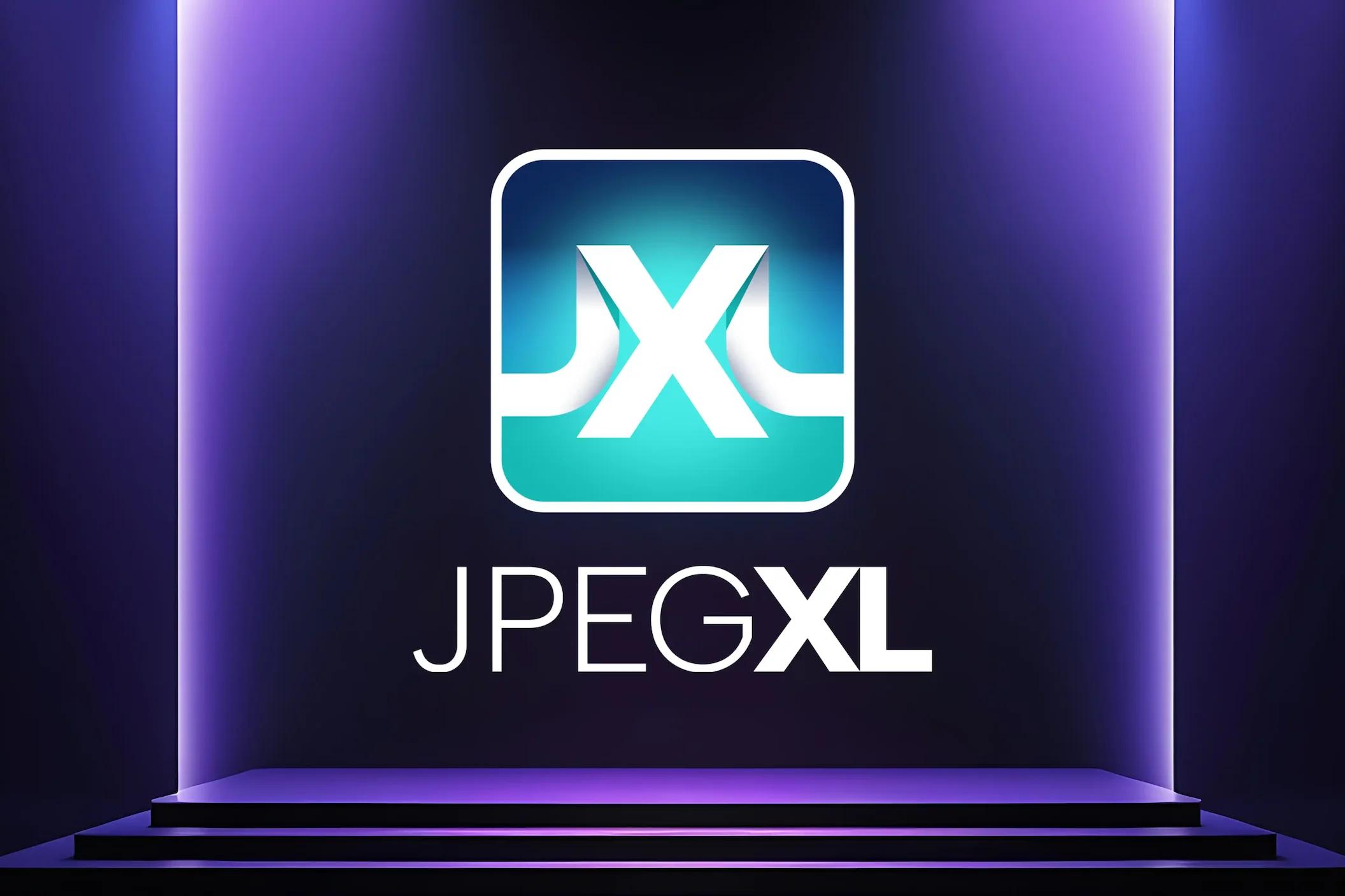 The new JPEG XL community logo presented on a stage
