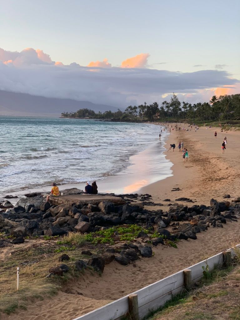 First night on the beach. Long shot of the sand right as the tide comes in at sunset. Mostly clear skies with hues of blue and red. 